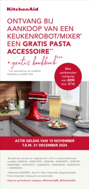 KitchenAid keukenrobot: pasta accessoire + kookboek gratis