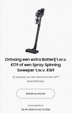 Samsung Jet steelstofzuiger: Extra batterij of Spray Spinning Sweeper gratis 