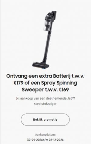 Samsung Jet steelstofzuiger: Extra batterij of Spray Spinning Sweeper gratis 