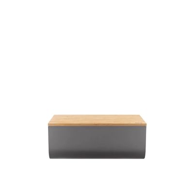 Mattina Bread box in steel coloured with epoxy resin, Dark Grey with cutting board in bamboo wood.  Alessi