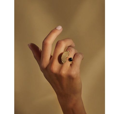 Edone Ring in steel, coated with hypoallergenic PVD, gold and black.  Alessi