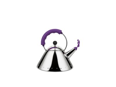 3909 Kettle in 18/10 stainless steel with handle and whistle in PA, purple. Magnetic steel bottom suitable for induction cooking. Limited edition of 9999 numbered copies.