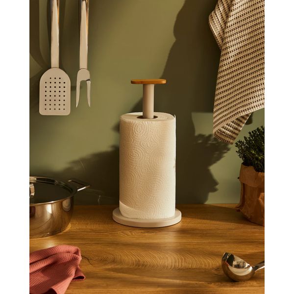 Mattina Kitchen roll holder in steel coloured with epoxy resin, Dark Grey. Knob in bamboo wood. 