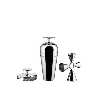 The tending box Set composed of: “Parisienne” cocktail shaker, double bar strainer,   Alessi