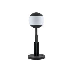 Table lamp in coloured aluminium, black and glass sphere. Rechargeable battery and touch dimmer. 5W 5V LED light. Adapter with interchangeable plugs. 