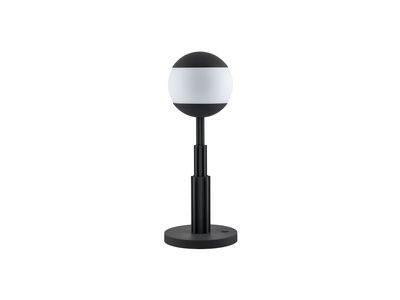 Table lamp in coloured aluminium, black and glass sphere. Rechargeable battery and touch dimmer. 5W 5V LED light. Adapter with interchangeable plugs.