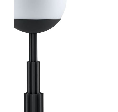 Table lamp in coloured aluminium, black and glass sphere. Rechargeable battery and touch dimmer. 5W 5V LED light. Adapter with interchangeable plugs.  Alessi