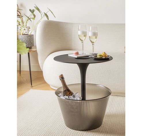 Pick-Up Multi-purpose side table in chrome-plated zamak and thermoplastic resin, black, with container for bottles.  Alessi