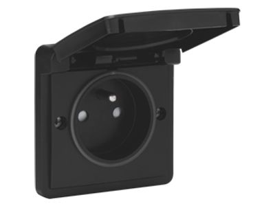 Spuitwaterdichte opbouwwandcontacdoos 16 A/250 Vac met penaarde, beschermingsafsluiters en met insteekklemmen, exclusief opbouwdoos, black