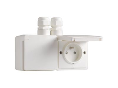 Spuitwaterdichte dubbele horizontale wandcontactdoos met penaarde, beschermingsafsluiters en insteekklemmen – inclusief doos met twee ingangen bovenaan, white