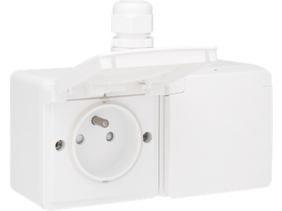 Spuitwaterdichte dubbele horizontale wandcontactdoos met penaarde, beschermingsafsluiters en insteekklemmen – inclusief doos met één ingang bovenaan, white