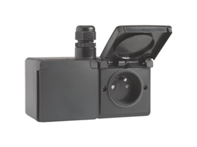 Spuitwaterdichte dubbele horizontale wandcontactdoos met penaarde, beschermingsafsluiters en insteekklemmen – inclusief doos met één ingang bovenaan, black