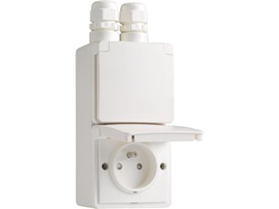 Spuitwaterdichte dubbele verticale wandcontactdoos met penaarde, beschermingsafsluiters en insteekklemmen – inclusief doos met twee ingangen bovenaan, white