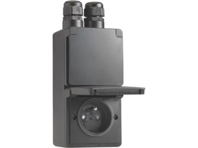 Spuitwaterdichte dubbele verticale wandcontactdoos met penaarde, beschermingsafsluiters en insteekklemmen – inclusief doos met twee ingangen bovenaan, black