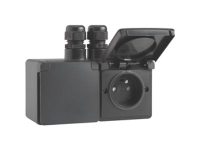 Spuitwaterdichte dubbele horizontale wandcontactdoos met penaarde, beschermingsafsluiters en schroefklemmen – inclusief doos met twee ingangen bovenaan, black