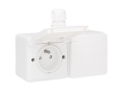 Spuitwaterdichte dubbele horizontale wandcontactdoos met penaarde, beschermingsafsluiters en schroefklemmen – inclusief doos met één ingang bovenaan, white