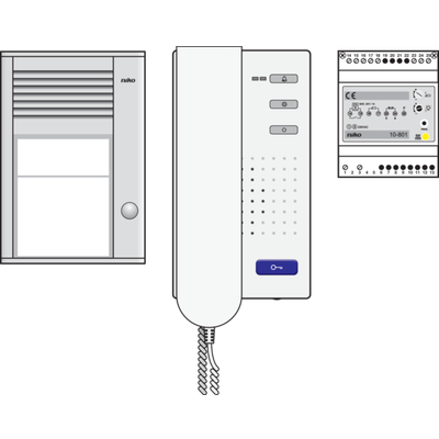 Contrôle d’Accès de Niko - Kit audio avec un poste extérieur en saillie muni d'un bouton-poussoir de sonnerie, d'une alimentation et d'un poste intérieur avec combiné, préprogrammé  Niko