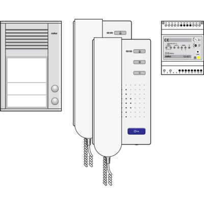 Contrôle d’Accès de Niko - Kit audio avec un poste extérieur en saillie muni de deux boutons-poussoirs de sonnette, d'une alimentation et de deux postes intérieurs avec combiné, préprogrammé  Niko