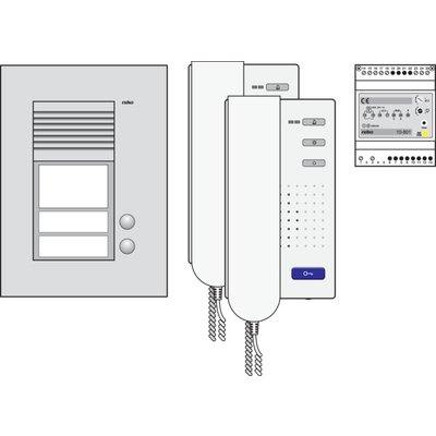Contrôle d’Accès de Niko - Kit audio avec un poste extérieur à encastrer muni de deux boutons-poussoirs de sonnette, d'une alimentation et de deux postes intérieurs avec combiné, préprogrammé  Niko