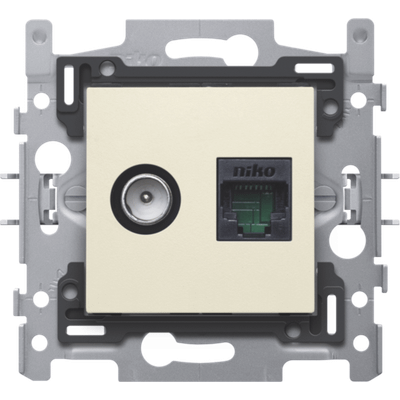 Combinaison coaxiale avec connexion RJ45 UTP Cat5E, design plat, avec cadre d'encastrement avec socle et kit de finition crème. Homologué Telenet Interkabel et VOO  Niko