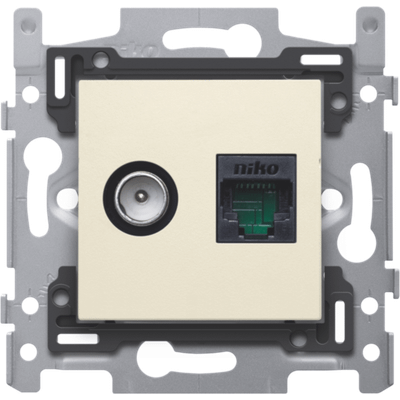 Combinaison coaxiale avec connexion RJ45 UTP Cat6, base design plate et set de finition crème. Approuvé Telenet Interkabel et VOO  Niko