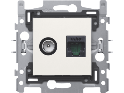 Combinatie coax met RJ45 aansluiting UTP Cat5E, vlakke uitvoering, incl. inbouwraam met sokkel en afwerkingsset white. Telenet Interkabel en VOO goedgekeurd 