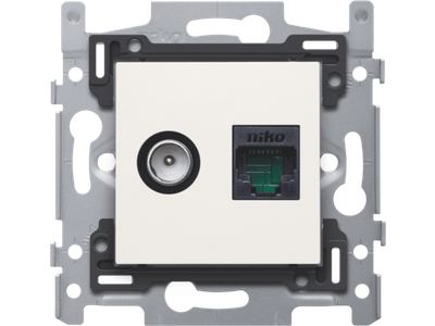 Combinatie coax met RJ45 aansluiting UTP Cat6, vlakke uitvoeringsokkel en afwerkingsset white. Goedgekeurd Telenet Interkabel en VOO