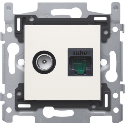 Combinatie coax met RJ45 aansluiting UTP Cat6, vlakke uitvoeringsokkel en afwerkingsset blanc. Goedgekeurd Telenet Interkabel en VOO  Niko