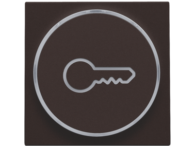 Afwerkingsset met doorschijnende ring met sleutelsymbool voor drukknop 6A met amberkleurige led met E10-lampvoet, dark brown