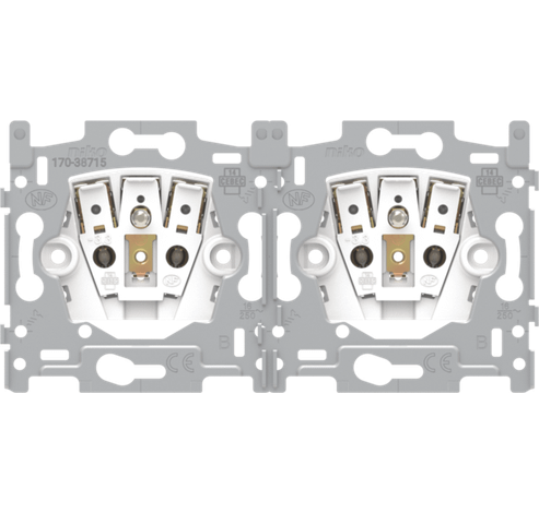 Socle pour double prise de courant horizontale avec broche de terre et obturateurs de protection, profondeur d'encastrement de 28,5 mm, bornes à connexion rapide  Niko