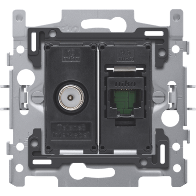 Combinaison coaxiale avec connexion RJ45 UTP Cat5E, version plate, avec cadre d'installation 60 x 71 mm avec fixation par griffes  Niko