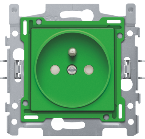 Prise de courant avec prise de terre et soupapes de sécurité, profondeur de montage 21 mm, socle et kit de finition, bornes à vis, vert  Niko