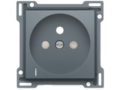 Afwerkingsset met doorschijnende lens voor stopcontact met spanningsaanduiding, penaarde en beschermingsafsluiters, inbouwdiepte 28,5 mm, alu steel grey coated