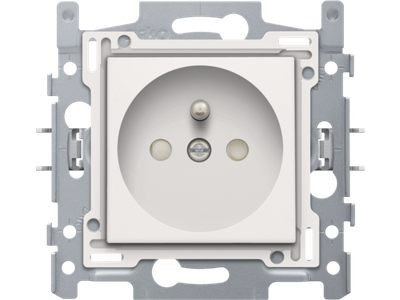 Stopcontact met penaarde en beschermingsafsluiters, inbouwdiepte 28,5 mm, sokkel met insteekklemmen en afwerkingsset white