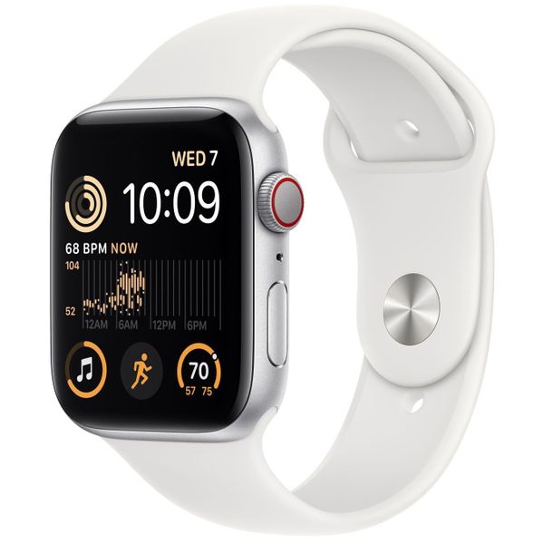 Apple Watch SE GPS 44mm Silver Aluminium Case met White Sport Band Regular 