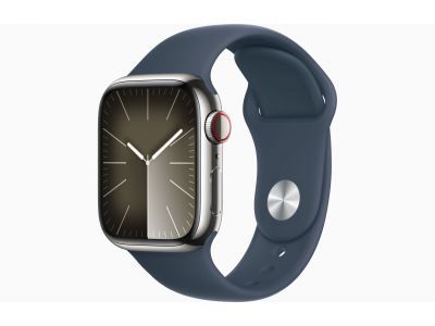 Apple Watch Series 9 GPS + Cellular 41mm Silver Stainless Steel Case with Storm Blue Sport Band - M/L