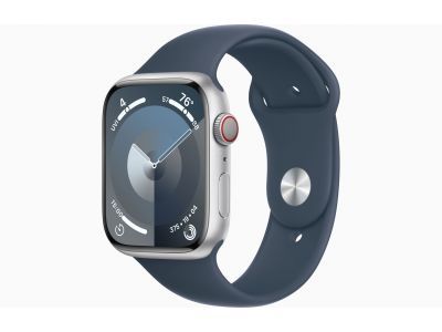 Apple Watch Series 9 GPS + Cellular 45mm Silver Aluminium Case with Storm Blue Sport Band - M/L