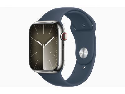 Apple Watch Series 9 GPS + Cellular 45mm Silver Stainless Steel Case with Storm Blue Sport Band - S/M