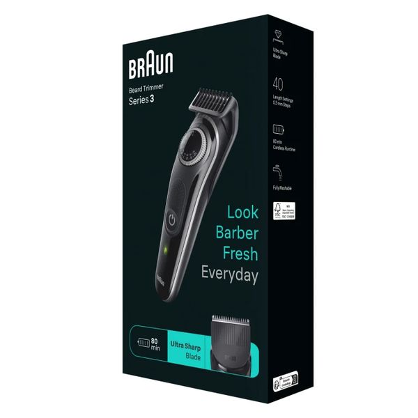 Braun Baardtrimmer 3 BT3440 met precisiewiel, 4 stylingtools, 80 min gebruikstijd, grijs