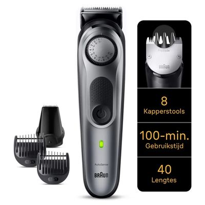 Pro Beard Trimmer 7 BT7420 avec ProBlade, molette de précision, 8 outils de coiffure, 100 min d'autonomie, gris  Braun