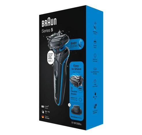 Series 5 51-B1200s Wet & Dry scheerapparaat met 1 opzetstuk, blauw.  Braun