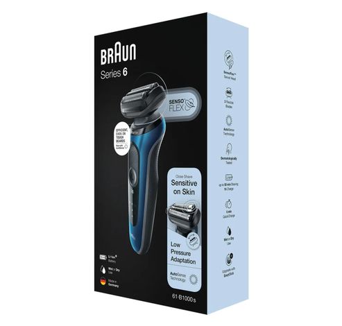 Series 6 61-B1000s Wet & Dry scheerapparaat met reisetui, blauw.  Braun