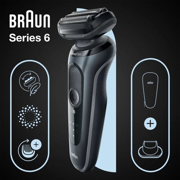 Braun Series 6 61-N1200s Wet & Dry scheerapparaat met reisetui en 1 opzetstuk, grijs.