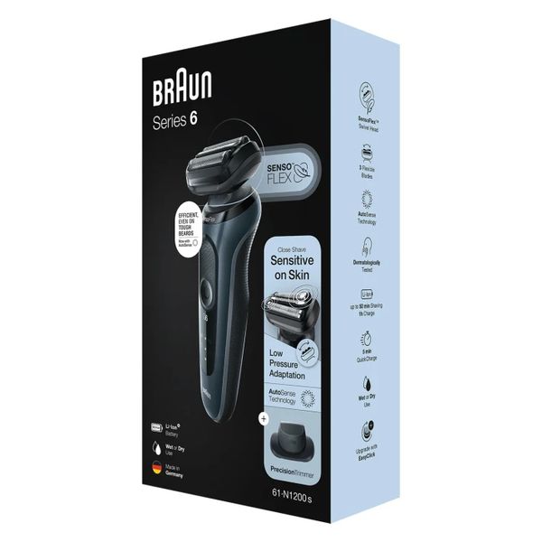 Braun Series 6 61-N1200s Wet & Dry scheerapparaat met reisetui en 1 opzetstuk, grijs.