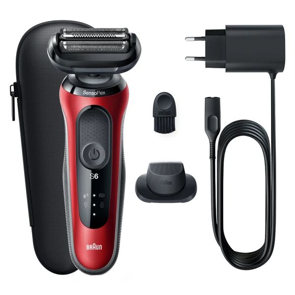 Braun Series 6 61-R1200s Wet & Dry scheerapparaat met reisetui en 1 opzetstuk, rood.