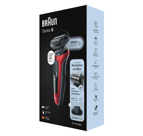 Series 6 61-R1200s Wet & Dry scheerapparaat met reisetui en 1 opzetstuk, rood.  Braun