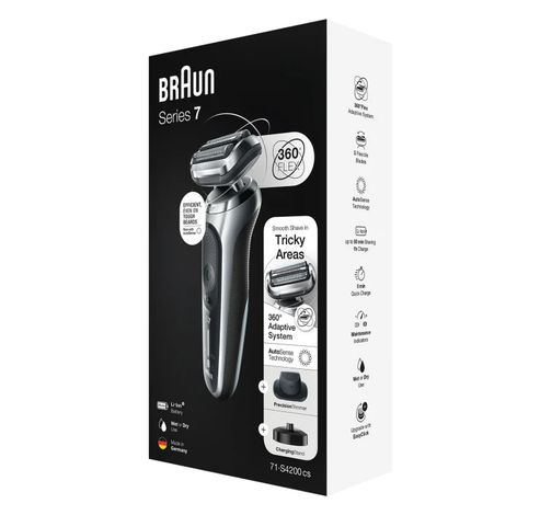 Series 7 71-S4200cs Wet & Dry scheerapparaat met oplaadstandaard en 1 precisietrimmer-opzetstuk, zilver.  Braun