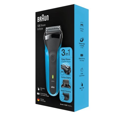 Series 3 Shave&Style 310BT Wet&Dry scheerapparaat met precisiebaardtrimmer en 5 kammen, zwart/blauw.  Braun