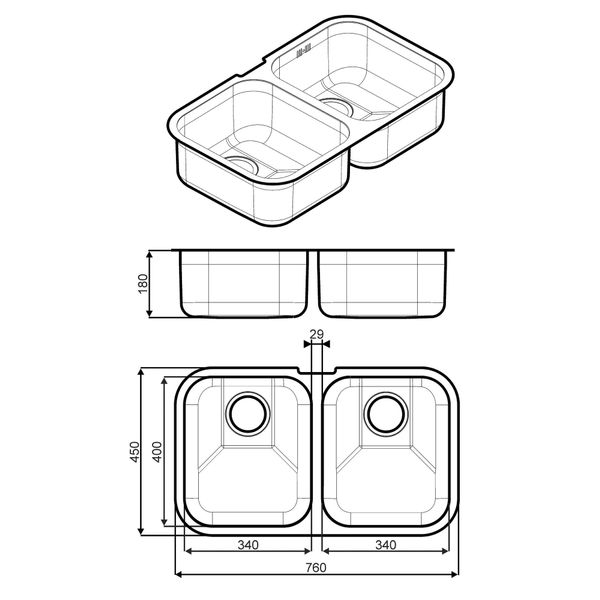 Spoelbak onderbouw - 76 cm - 2 bakken 34 cm - inox  