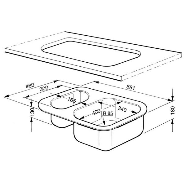 Evier sous-encastrable - 58 cm - 1 cuve 34 cm + déversoir 16,5 cm - inox 